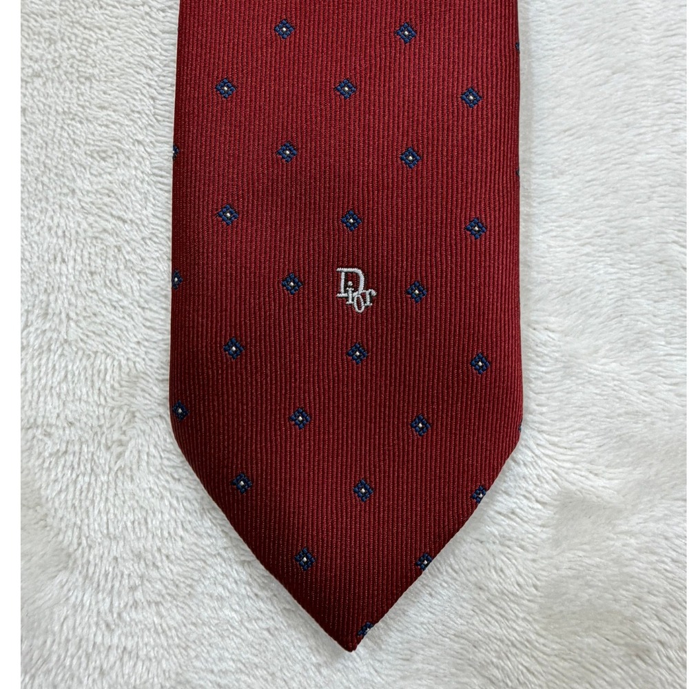Christian Dior Red Vintage Geometric Silk Necktie Mens One Size Excellent
